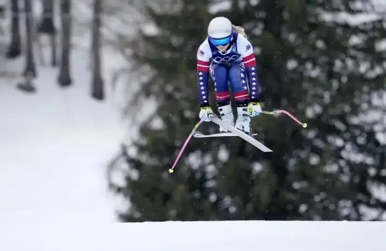 Lindsey Vonn of the United States during women's alpine skiing downhill training in February at the Milano Cortina 2026 Olympic Winter Games at Tofane Alpine Skiing Centre.