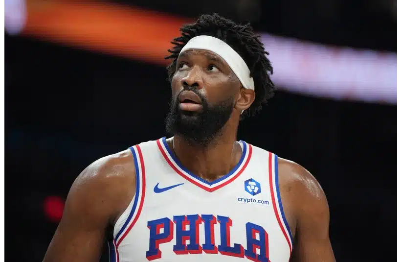 Joel Embiid reacts against the Phoenix Suns