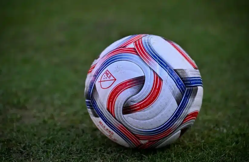 A view of an MLS soccer ball and logo during the game between FC Dallas and New York Red Bulls, Christian Eriksen