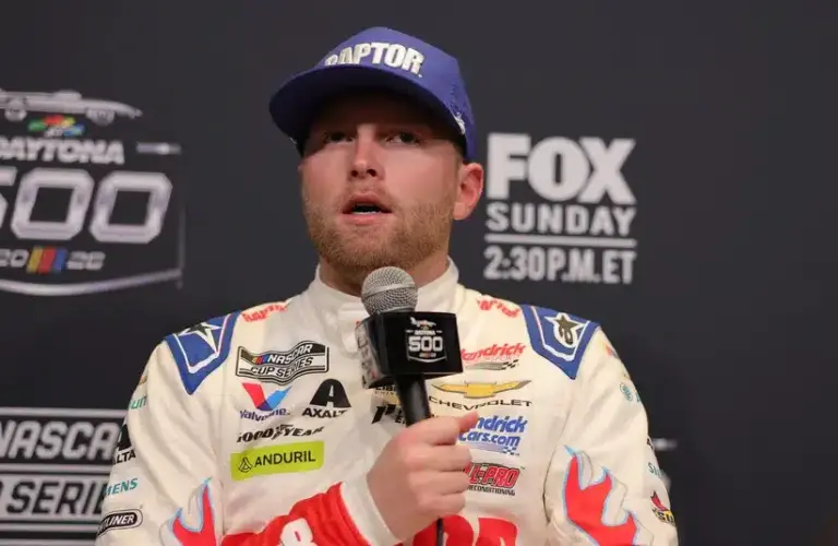 NASCAR Cup Series driver William Byron (24) speaks to the media during the Daytona 500 Media Day at Daytona International Speedway.
