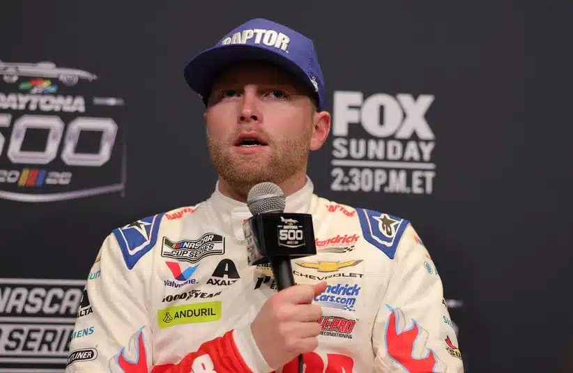 NASCAR Cup Series driver William Byron (24) speaks to the media during the Daytona 500 Media Day at Daytona International Speedway.