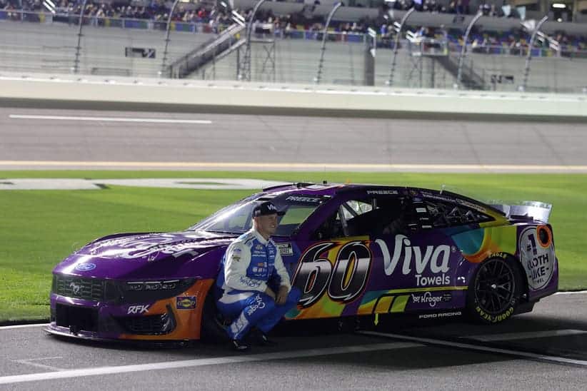 Feb 11, 2026; Daytona Beach, Florida, USA; NASCAR Cup Series driver Ryan Preece (60) during qualifying for the Daytona 500 at Daytona International Speedway.