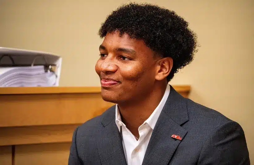 Ole Miss quarterback Trinidad Chambliss testifies during the hearing in his lawsuit against the NCAA