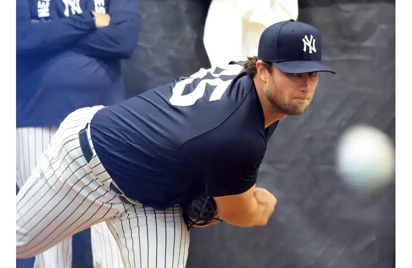 Gerrit Cole throws a bullpen session during spring training