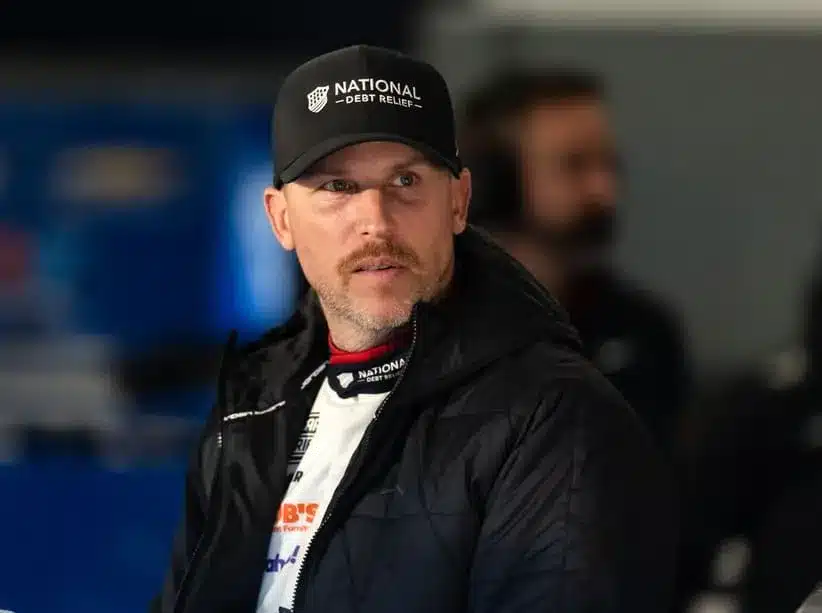 Feb 13, 2026; Daytona Beach, Florida, USA; NASCAR Cup Series driver Denny Hamlin during practice for the Daytona 500 at Daytona International Speedway.