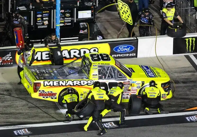 Feb 13, 2026; Daytona Beach, Florida, USA; NASCAR Truck Series driver Ty Majeski (88) pits during the Fresh from Florida 250 at Daytona International Speedway.