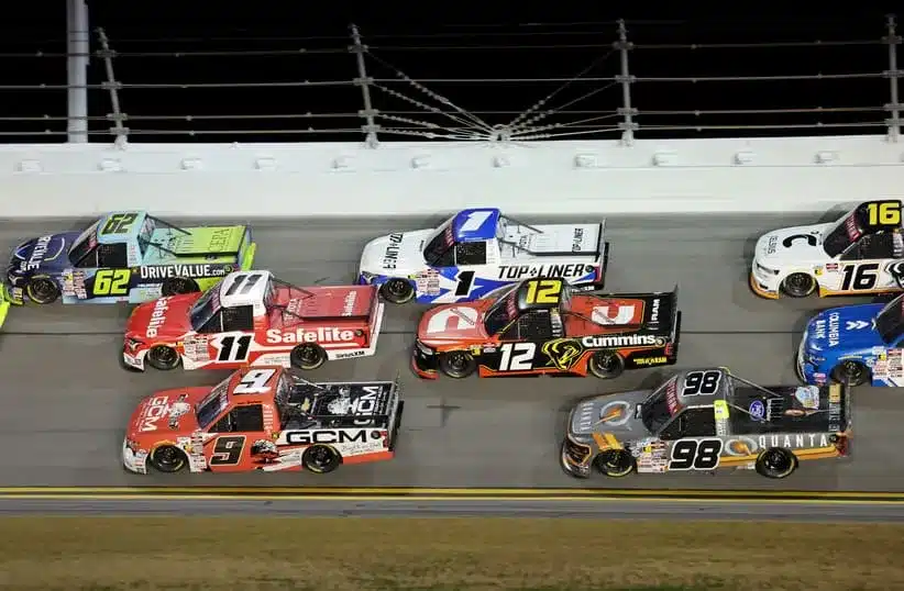 Entry List; Feb 13, 2026; Daytona Beach, Florida, USA; NASCAR Truck Series driver John H. Nemecheck (62) races Kaden Honeycutt (11), Grant Enfinger (9), Taylor Gray (1), Ryan Blaney (12) and Jake Garcia (98) during the Craftsman Truck series Fresh From Florida 250 at Daytona International Speedway.