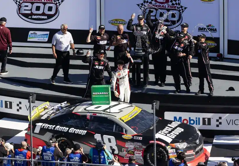 Feb 14, 2026; Daytona Beach, Florida, USA; ARCA Series driver Giovanni Ruggiero celebrates after winning the General Tire 200 at Daytona International Speedway.