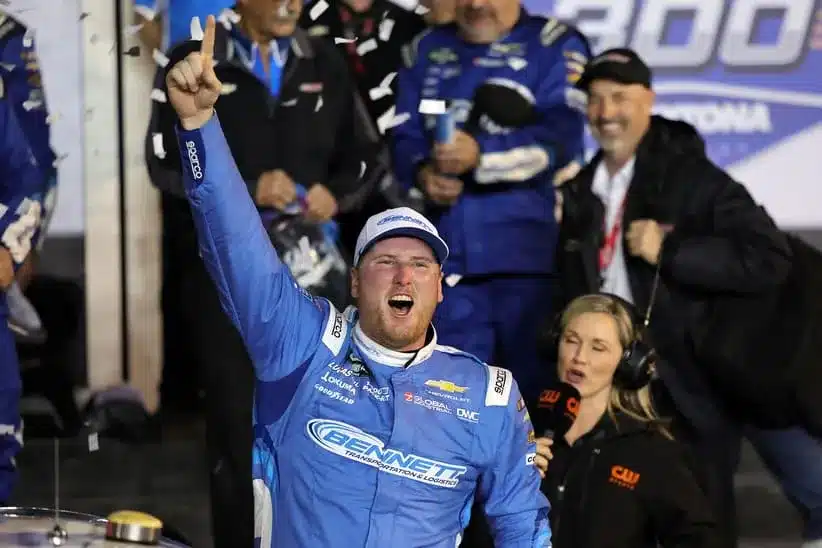 Feb 14, 2026; Daytona Beach, Florida, USA; O’Reilly Auto Parts Series driver Austin Hill (21) reacts after winning the United Rentals 300 at Daytona International Speedway.