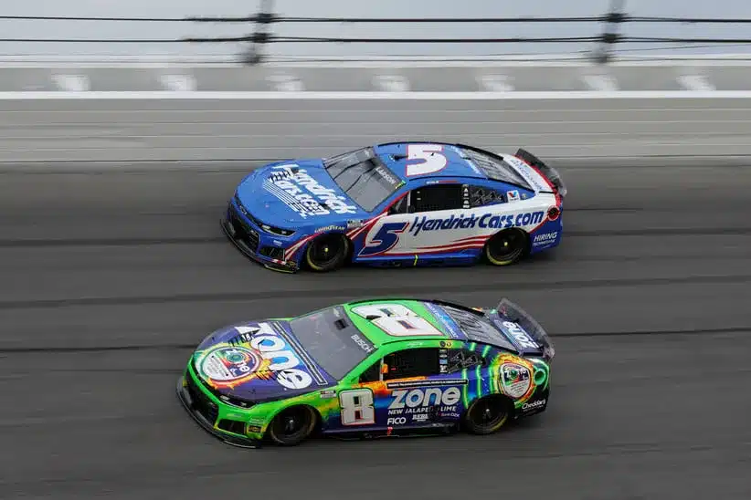 Feb 15, 2026; Daytona Beach, Florida, USA; Driver Kyle Busch (8) and Driver Kyle Larson (5) round the track during the 68th running of the Daytona 500 at Daytona International Speedway.