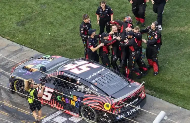 Feb 15, 2026; Daytona Beach, Florida, USA; NASCAR Cup Series driver Tyler Reddick (45) celebrates with crew after winning the 68th running of the Daytona 500 at Daytona International Speedway.