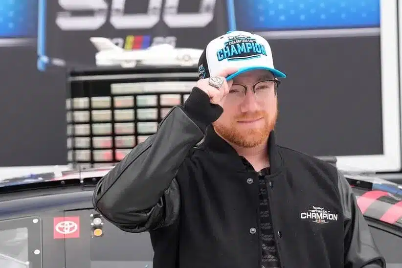 Daytona 500 winner Tyler Reddick poses for the media during his champion ceremony in Victory Lane, Monday, Feb. 16, 2026.