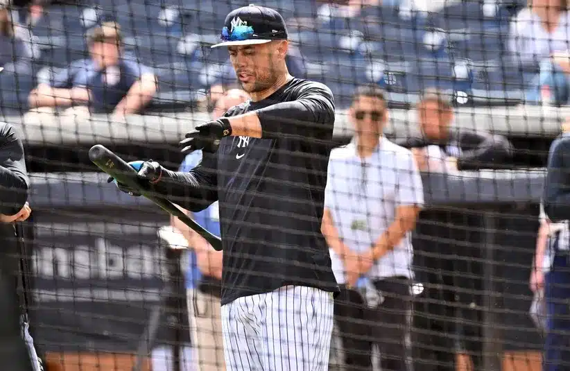 New York Yankees outfielder Giancarlo Stanton (27) prepares for batting practice