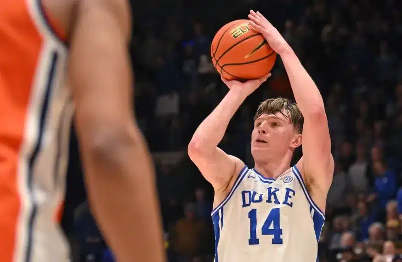 Duke Blue Devils guard Nikolas Khamenia (14) shoots the ball