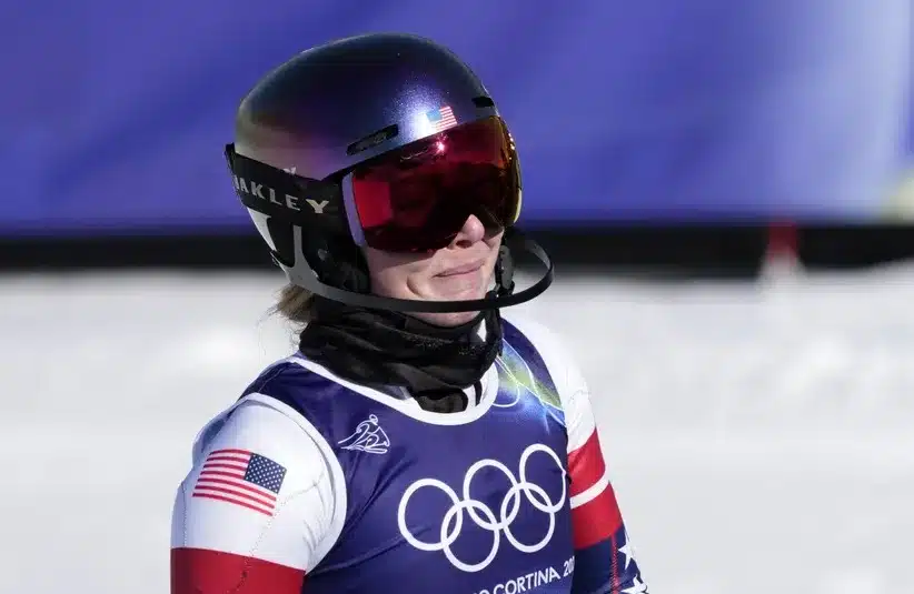 Mikaela Shiffrin of the United States reacts after winning the gold medal on February 18.