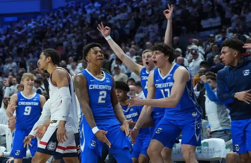 Creighton Bluejays guard Blake Harper (2) reacts after his three point basket against the UConn Huskies