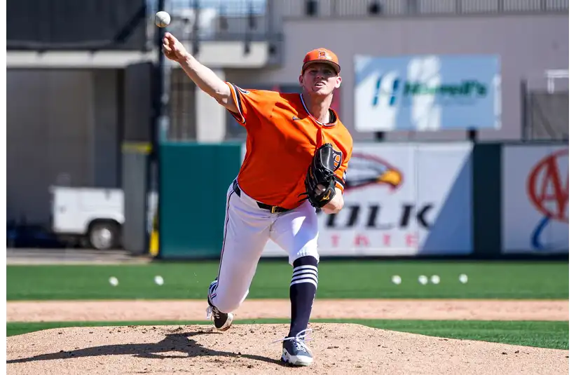 Tigers pitcher throwing a high velocity pitch in a bullpen session