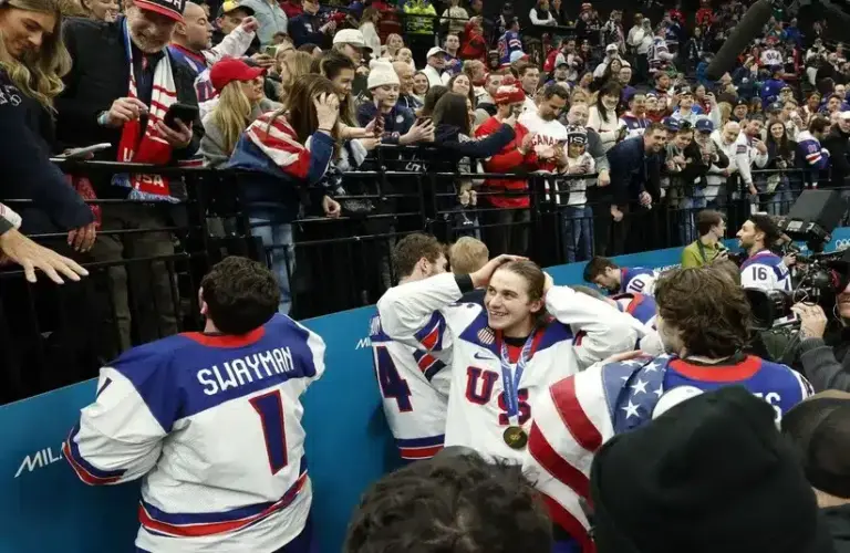 Jack Hughes celebrates in a 2026 photo; the Devils star scored as the Devils beat Flyers 3-2 in overtime