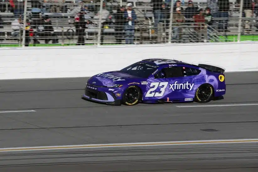 Feb 22, 2026; Hampton, Georgia, USA; NASCAR Cup Series driver Bubba Wallace rounds the track at EchoPark Speedway. Mandatory