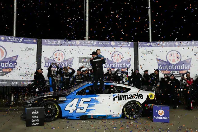 Feb 22, 2026; Hampton, Georgia, USA; NASCAR Cup Series driver Tyler Reddick celebrates at EchoPark Speedway.