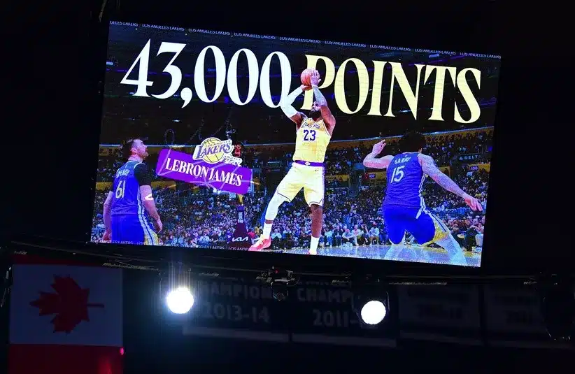 Video board displaying milestone of Los Angeles Lakers forward LeBron James (23) scoring 43,000 career points