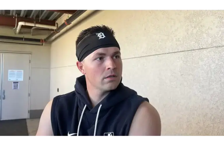 Tarik Skubal talking to reporters during Spring Training