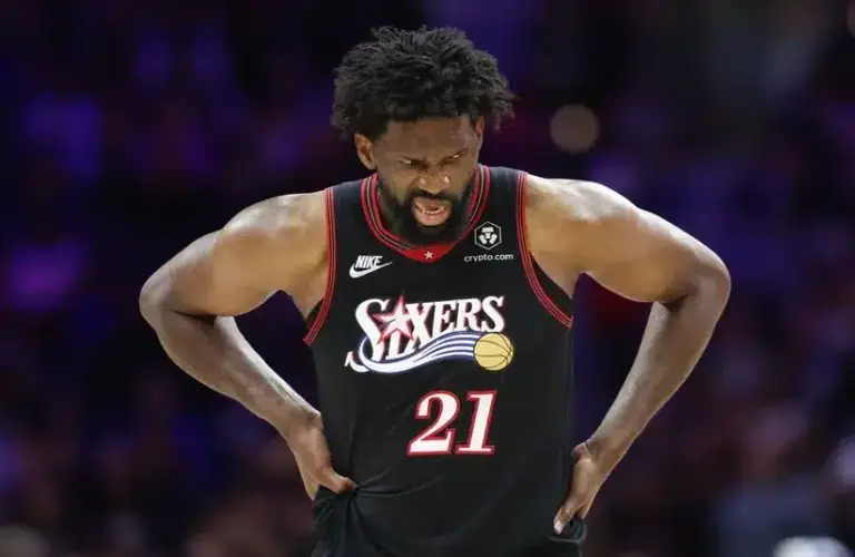Philadelphia 76ers center Joel Embiid (21) reacts
