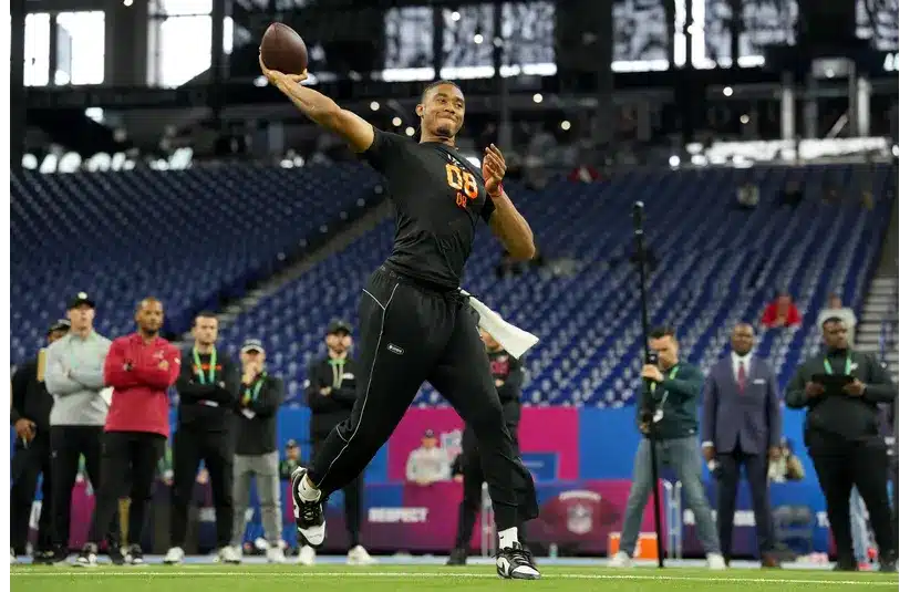 Arkansas quarterback Taylen Green during the NFL Scouting Combine