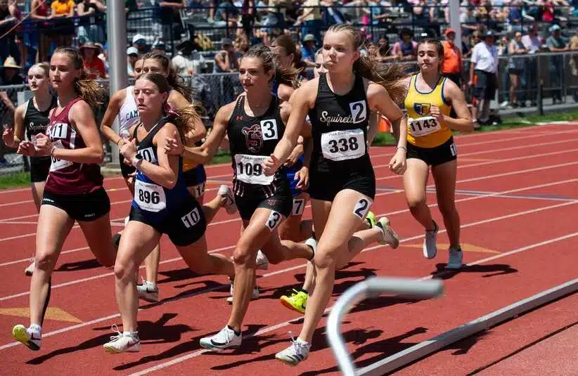 Delone Catholic's Samantha Bealmear runs the 2A 800m run at the PIAA District 3 Track and Field Championships at Shippensburg University's Seth Grove Stadium Saturday, May 17, 2025. Catholic University did not run in this meet.