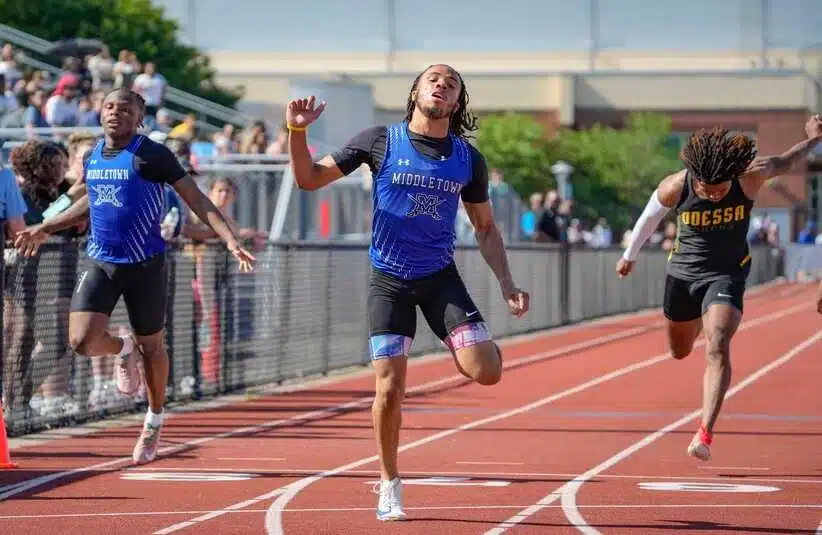 Middletown's Zamir Miller, center, wins the Division I 200 meter race during the DIAA track and field championships at Dover High School on May 17, 2025. Middletown's Messai Maynor, left, finished fourth, and Odessa's Keith Jenerette was seventh. Did these speedsters run at the Penn Relays? If so, they might have competed against Catholic University.