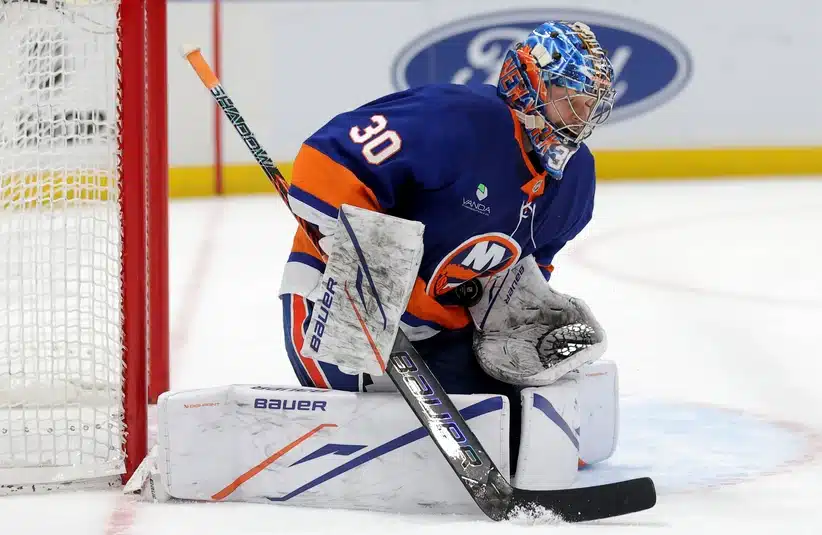 Mar 22, 2026; Elmont, New York, USA; New York Islanders goaltender Ilya Sorokin (30) makes a save against the Columbus Blue Jackets during the third period at UBS Arena.