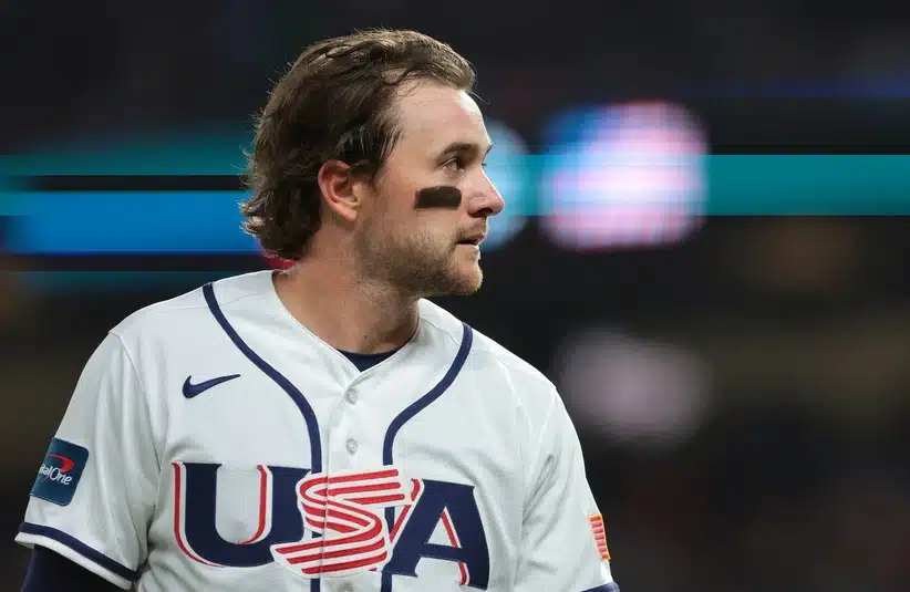 Mar 17, 2026; Miami, FL, United States; United States second baseman Brice Turang (13) in the third inning against Venezuela during the 2026 World Baseball Classic Championship game at Loan Depot Park.