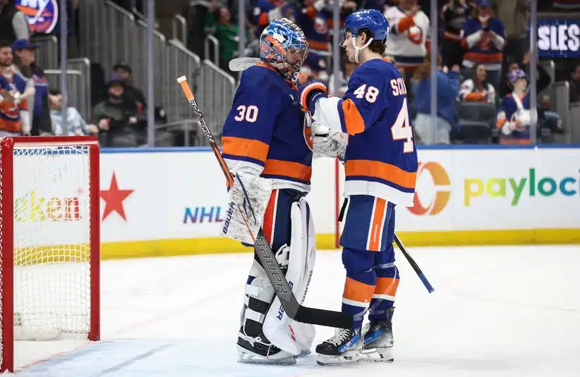 Mar 26, 2026; Elmont, New York, USA; New York Islanders goaltender Ilya Sorokin (30) is greeted by defenseman Matthew Schaefer (48) after defeating the Dallas Stars at UBS Arena.
