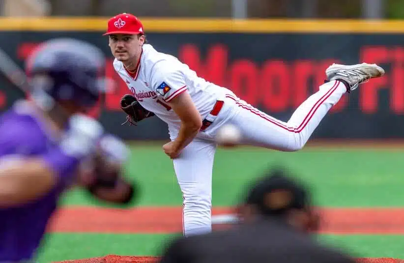 Cajuns Pitcher Chase Morgan 18, Louisianas Ragin Cajuns take on James Madison Baseball. Friday, March 28, 2025.