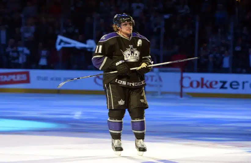 Mar 18, 2013; Los Angeles, CA, USA; Los Angeles Kings center Azne Kopitar (11) reacts after the game against the Phoenix Coyotes at the Staples Center. The Kings defeated the Coyotes 4-0.