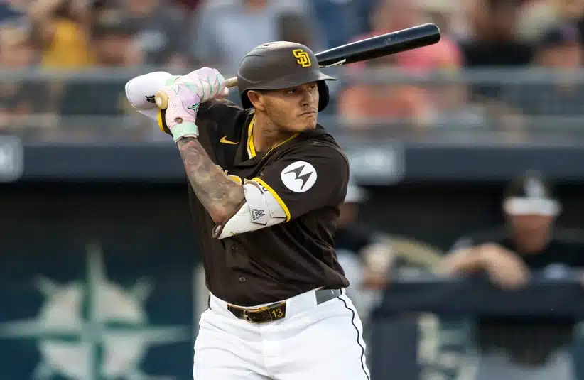 Mar 19, 2026; Peoria, Arizona, USA; San Diego Padres third baseman Manny Machado against the Chicago White Sox during a spring training game at Peoria Sports Complex.