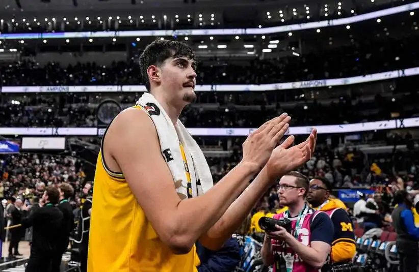 Michigan center Aday Mara (15) walks off the court after 80-72 loss to Purdue at the Big Ten Tournament final at United Center in Chicago on Sunday, March 15, 2026.