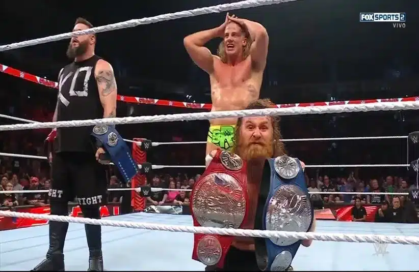 Matt Riddle in the Ring With WWE Tag Team Champions Kevin Owens & Sami Zayn on Monday Night Raw Episode 2023