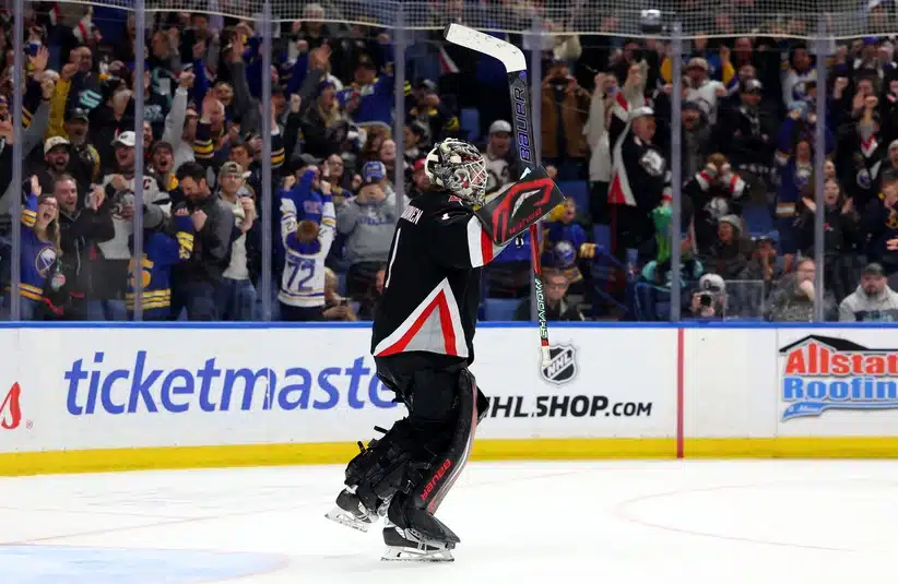 Mar 28, 2026; Buffalo, New York, USA; Buffalo Sabres goaltender Ukko-Pekka Luukkonen (1) reacts after winning the game in a shootout against the Seattle Kraken at KeyBank Center.