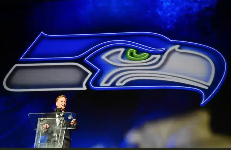 NFL commissioner Roger Goodell announces Mississippi State offensive tackle Charles Cross as the ninth overall pick to the Seattle Seahawks during the first round of the 2022 NFL Draft at the NFL Draft Theater.