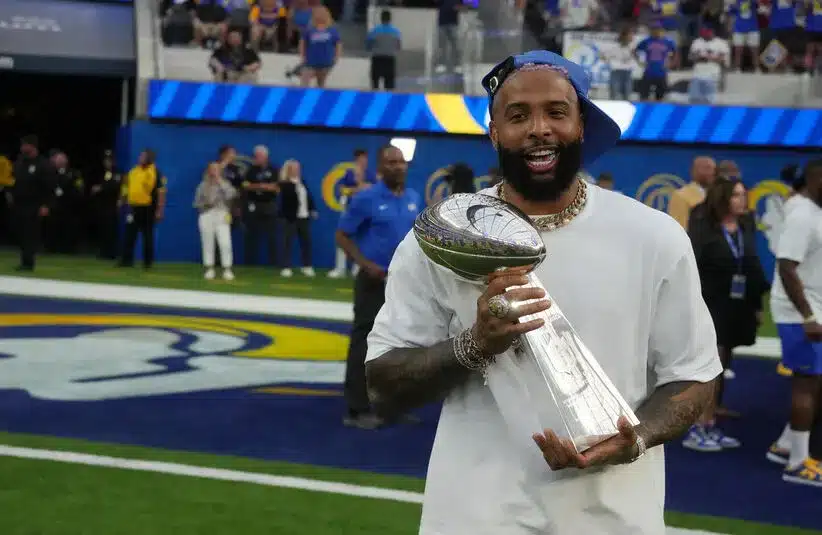 Odell Beckham Jr Holding Lombardi Trophy as a Los Angeles Rams