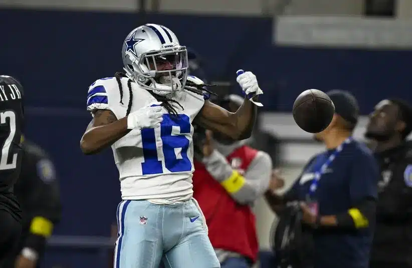 Dallas Cowboys wide receiver T.Y. Hilton (16) celebrates after converting a first down