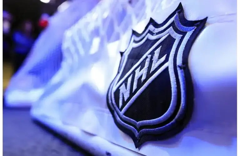 The NHL logo is seen on the game net, Kings vs. Avalanche