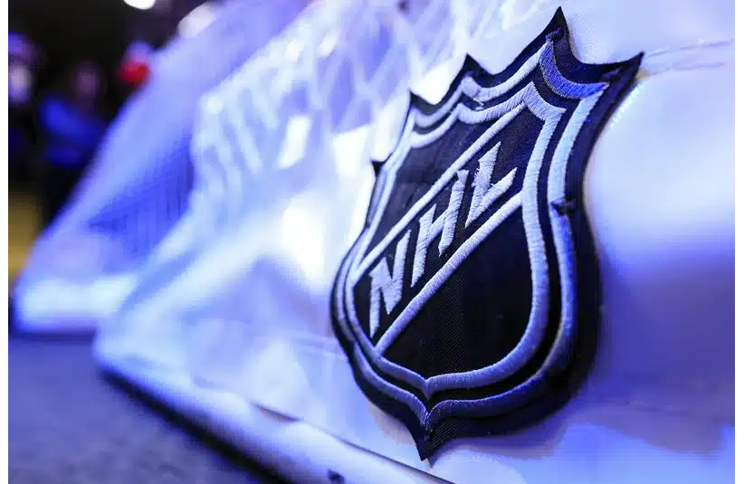 The NHL logo is seen on the game net, Kings vs. Avalanche