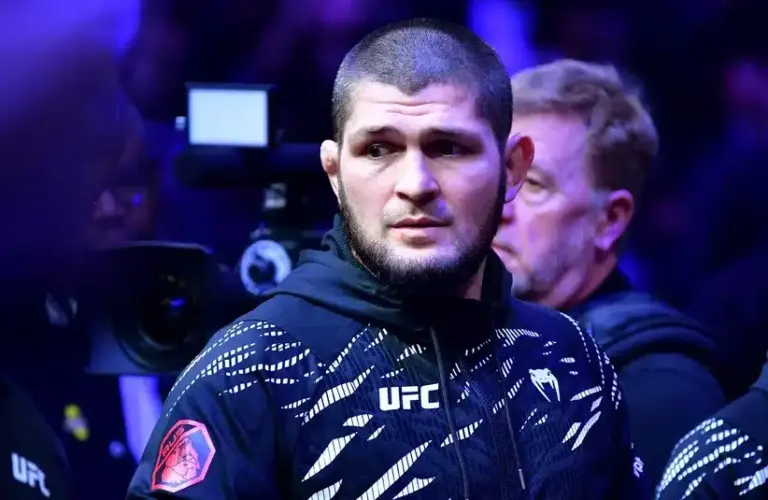 Khabib Nurmagomedov looking across the octagon