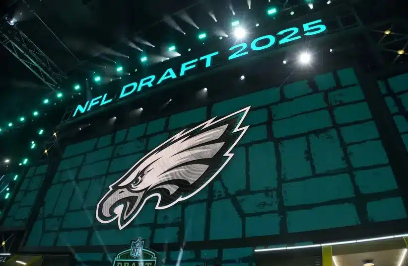 The Philadelphia Eagles logo is projected on the video board during the 2025 NFL Draft