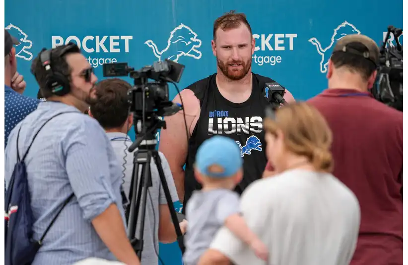 Lions Frank Ragnow talks to the media