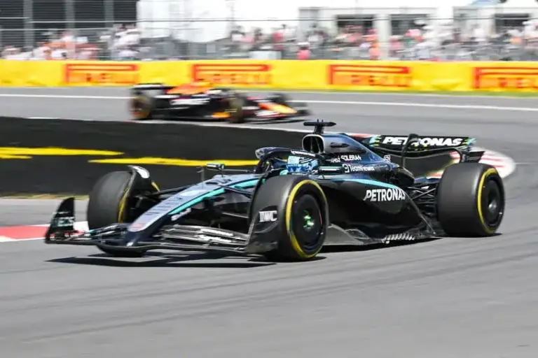 Jun 15, 2025; Montreal, Quebec, Canada; Mercedes driver George Russell (63) during the F1 Canadian Grand Prix at Circuit Gilles-Villeneuve.