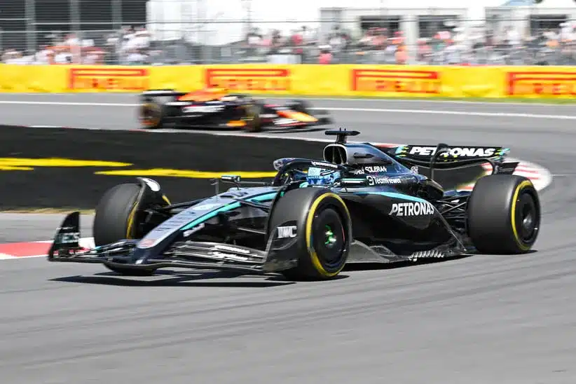 Jun 15, 2025; Montreal, Quebec, Canada; Mercedes driver George Russell (63) during the F1 Canadian Grand Prix at Circuit Gilles-Villeneuve.