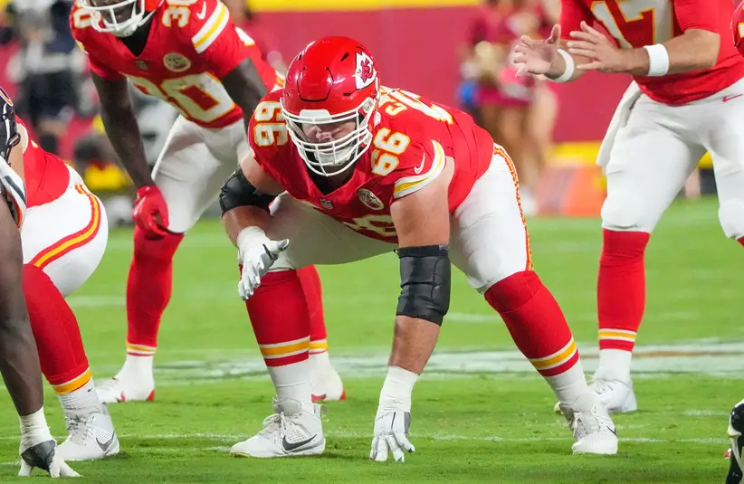 Mike Caliendo (66) of the Kansas City Chiefs lines up against the Chicago Bears at GEHA Field at Arrowhead Stadium.